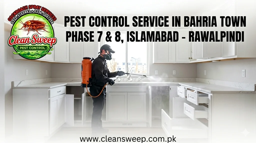 Clean Sweep Pest Control technician providing professional fumigation and cockroach spray services in a residential kitchen in Bahria Town Phase 7 and Phase 8, Rawalpindi-Islamabad.