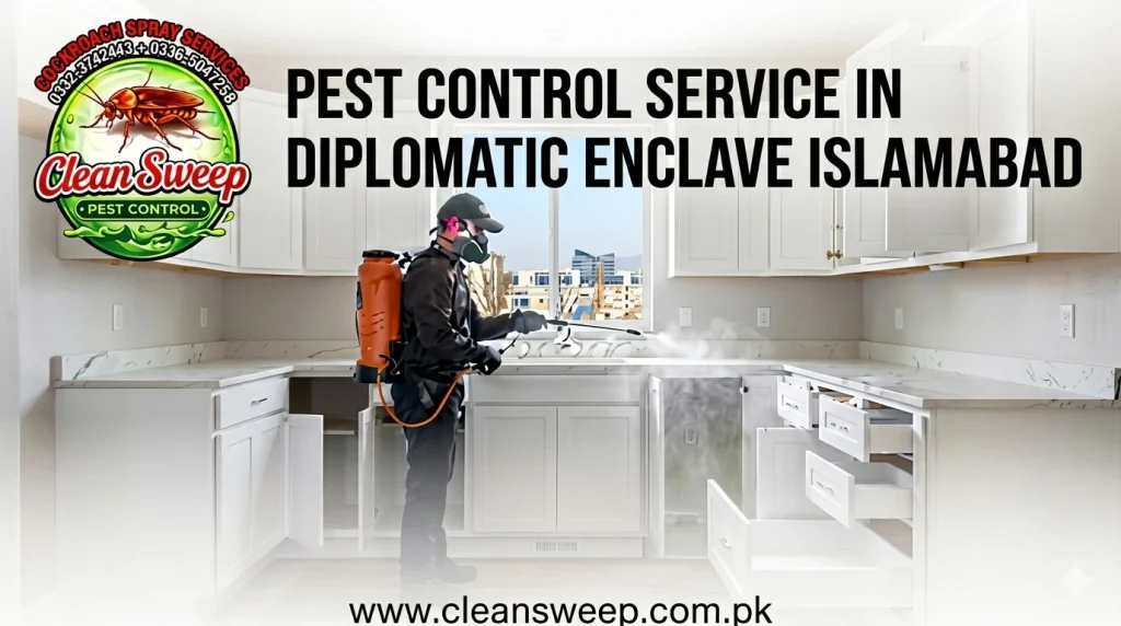 Clean Sweep Pest Control banner advertising professional fumigation services in Diplomatic Enclave, Islamabad, featuring a technician treating a modern kitchen.
