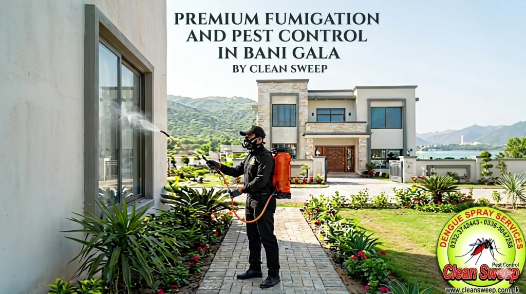 Clean Sweep Pest Control operator in safety gear performing professional fumigation and dengue spray services at a residential property in Bani Gala, Islamabad.