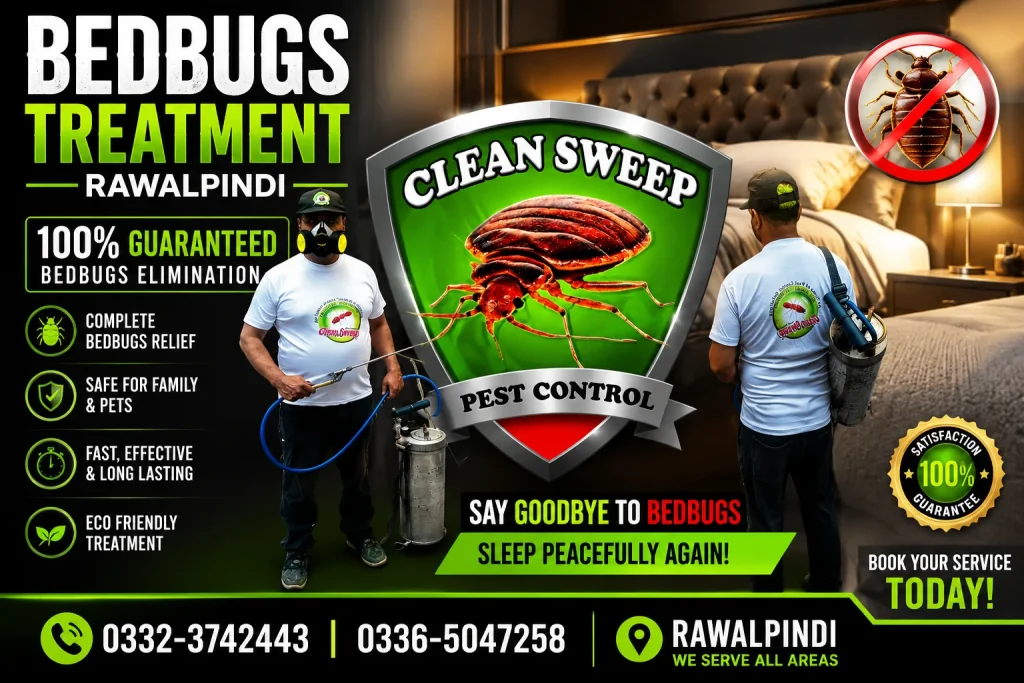 Professional bed bug treatment service in Rawalpindi for homes, apartments, hotels, hostels, and commercial properties by Clean Sweep Pest Control.