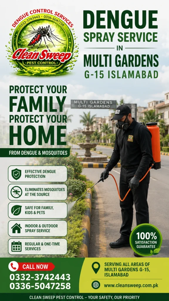 Professional pest control operator applying liquid insecticide dengue spray service in Multi Gardens Housing Society G-15 Islamabad to eliminate mosquitoes.