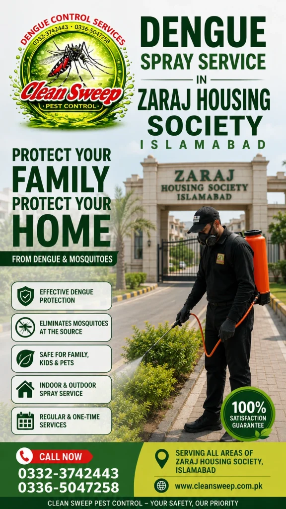 Professional pest control operator providing liquid insecticide dengue spray service in Zaraj Housing Society Islamabad to eliminate mosquitoes.