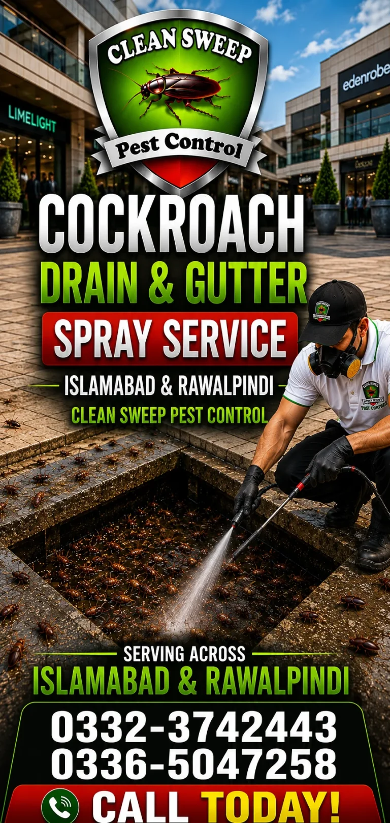 Technician spraying cockroach-infested drain and gutter outside a commercial plaza in Islamabad and Rawalpindi