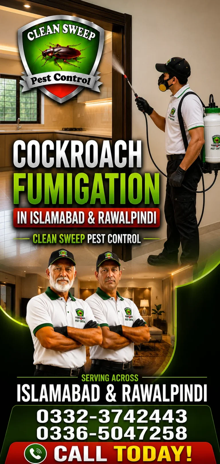 Pest control technician applying cockroach fumigation treatment inside a house kitchen in Islamabad and Rawalpindi