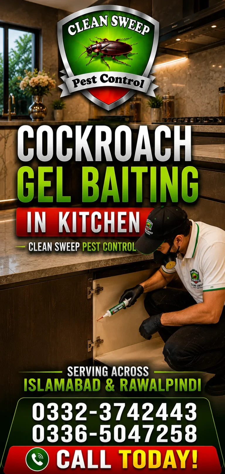 Technician applying cockroach gel bait inside a kitchen cabinet for cockroach control in Islamabad and Rawalpindi