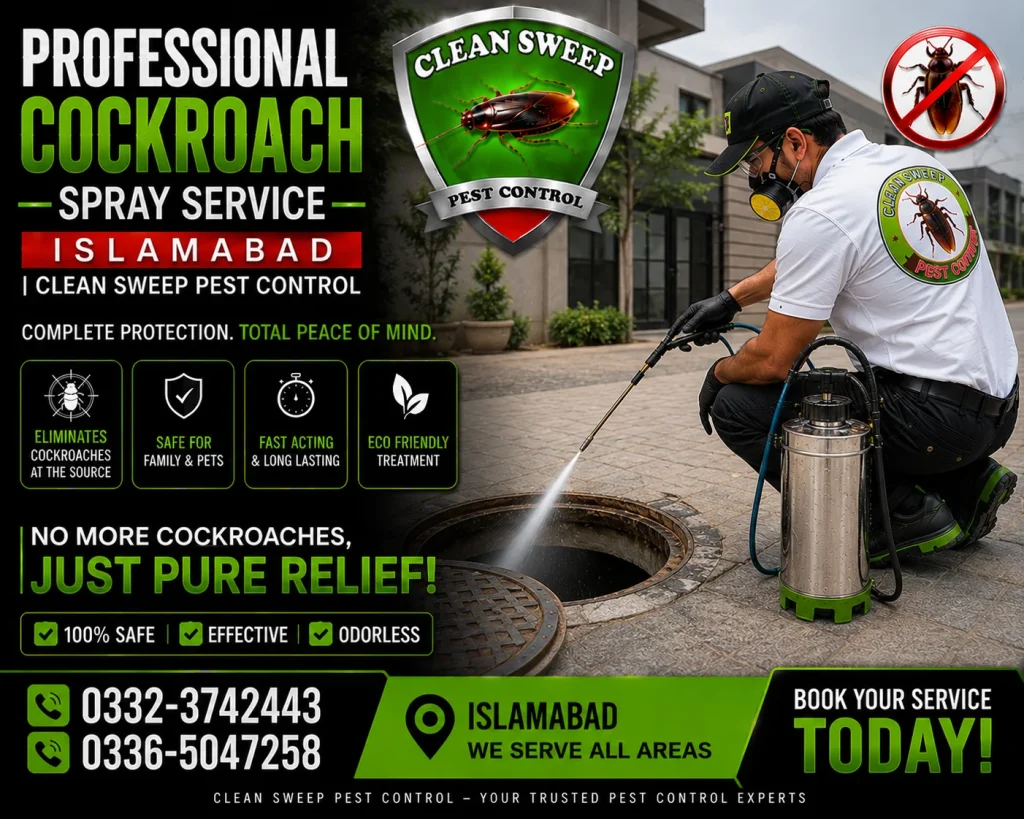 Professional cockroach spray service in Islamabad for homes, restaurants, hotels, hospitals, offices, warehouses, and commercial properties.