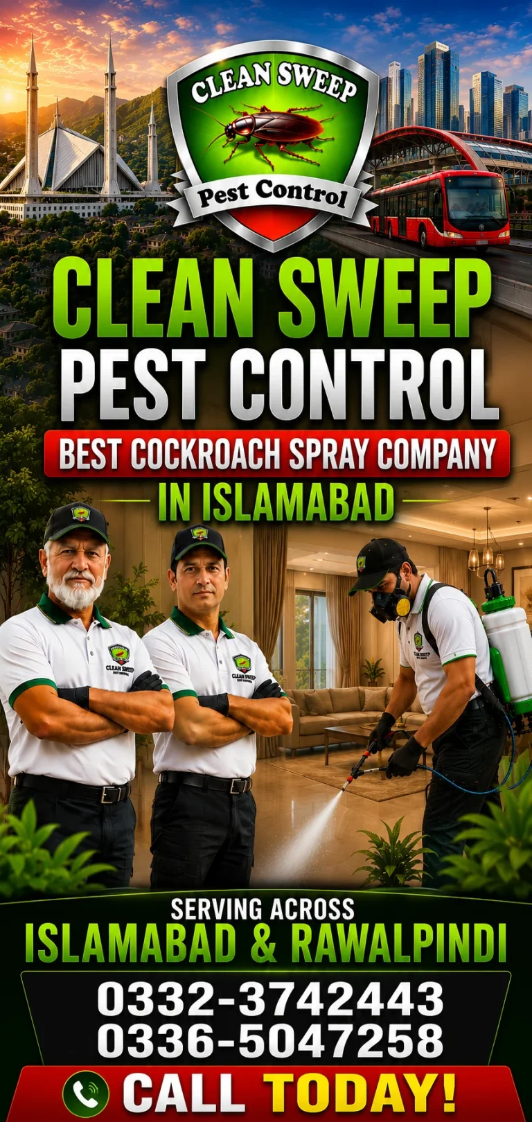 Professional pest control technician spraying for cockroaches inside a modern home kitchen in Islamabad and Rawalpindi