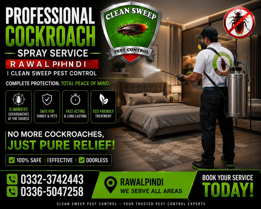 Professional cockroach spray service in Rawalpindi for homes, restaurants, offices, hotels, hospitals, warehouses, and commercial buildings.