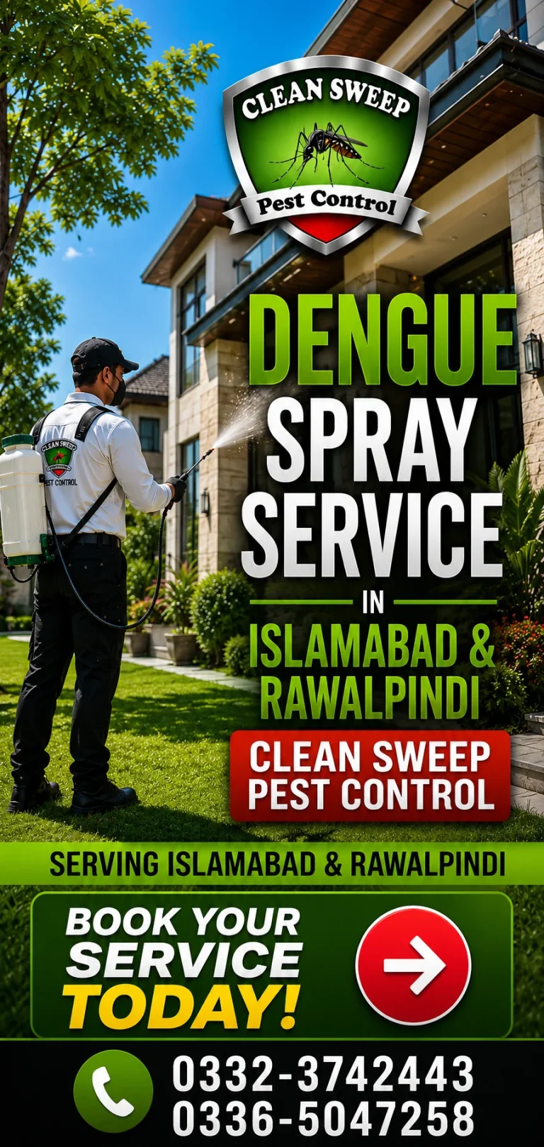 Pest control technician performing dengue mosquito control treatment in Islamabad City.