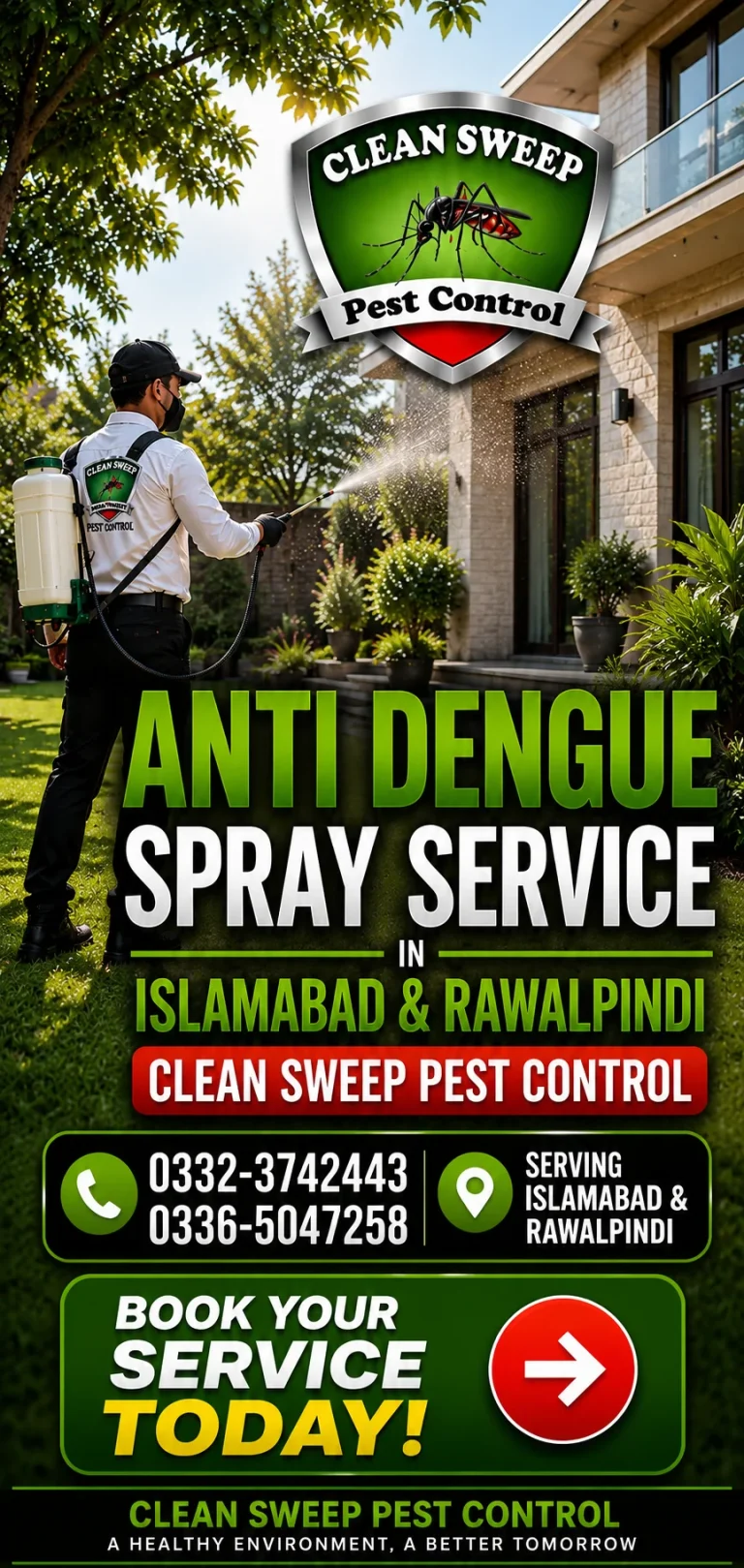 Dengue mosquito spray service being carried out around a modern home in Islamabad City.
