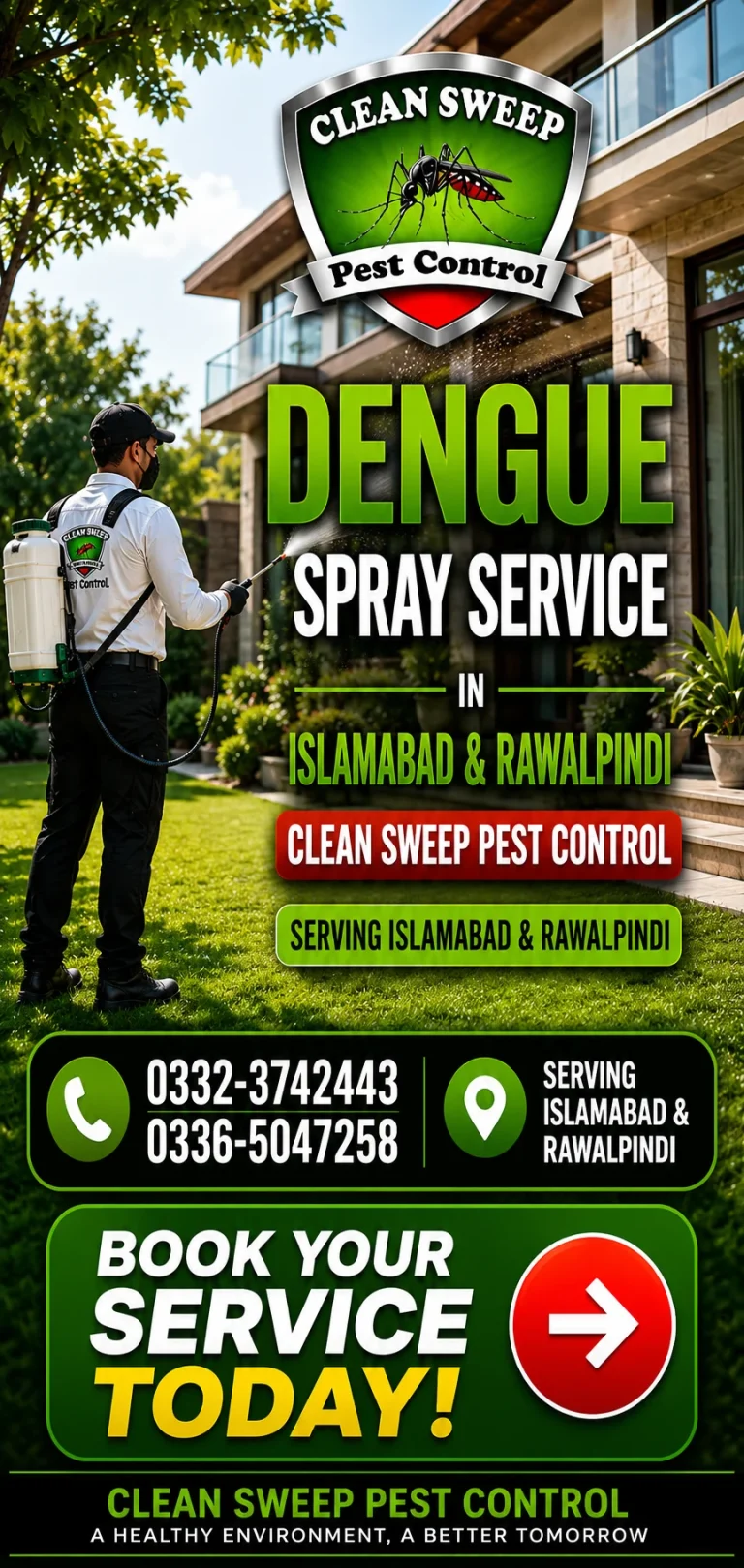 Technician applying dengue spray treatment around a residential property in Islamabad City.