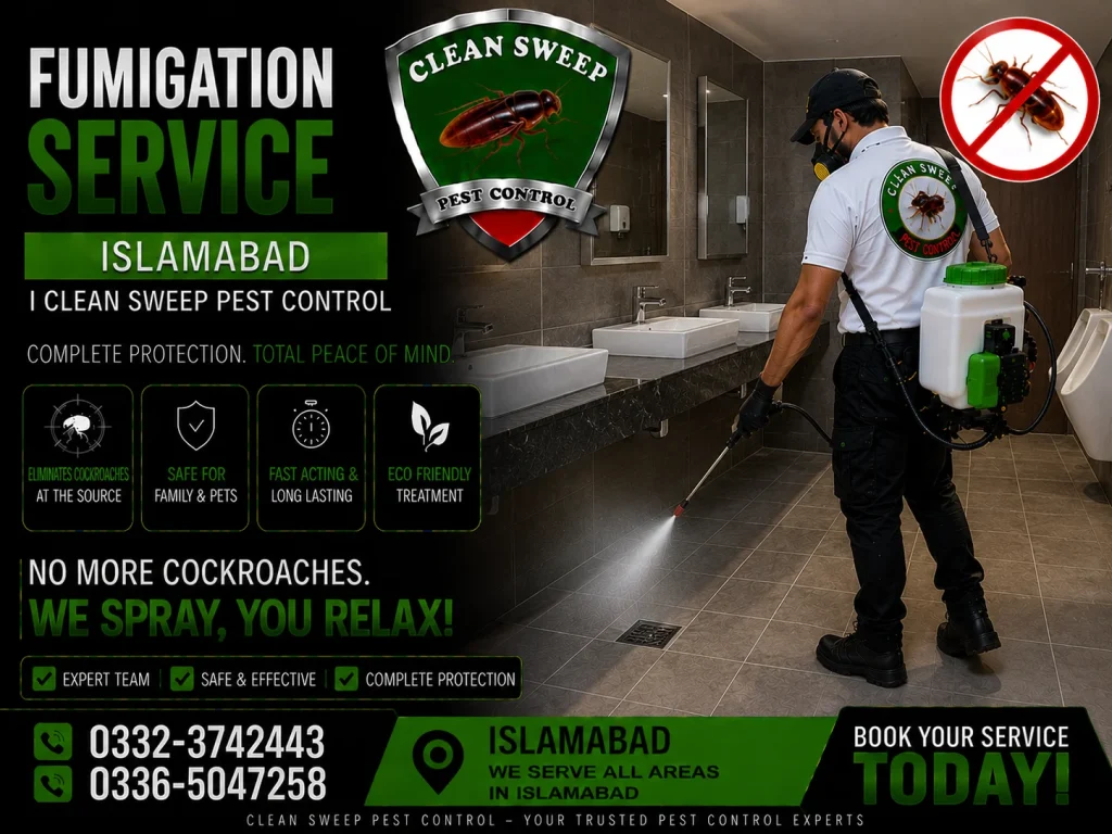 Professional fumigation service in Islamabad for washrooms, offices, restaurants, and commercial buildings by Clean Sweep Pest Control.