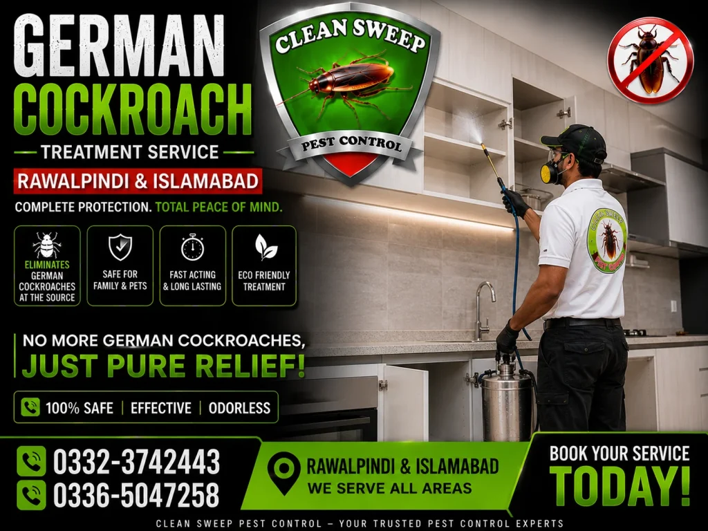 Professional German cockroach treatment in Rawalpindi and Islamabad using targeted inspection and treatment programmes.