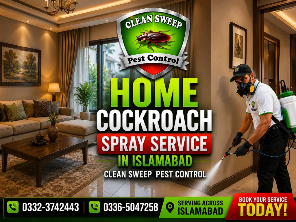 Professional home cockroach spray service in Islamabad provided by Clean Sweep Pest Control for houses, apartments and residential properties.