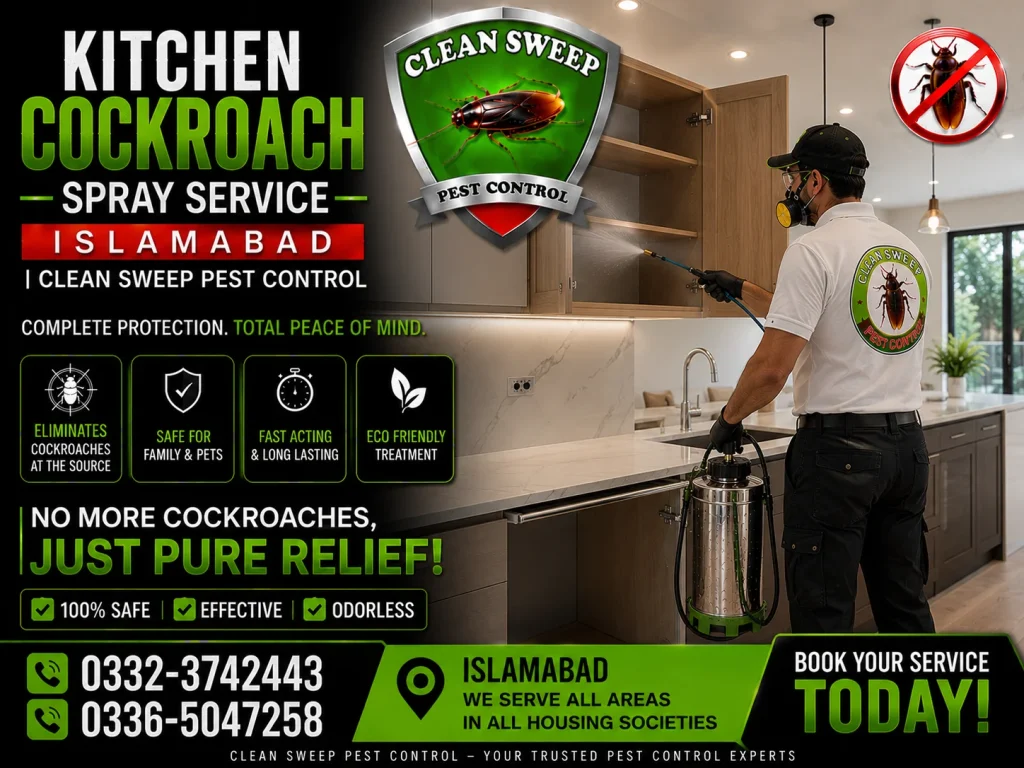 Professional kitchen cockroach spray service in Islamabad for homes, restaurants, cafés, bakeries, and commercial kitchens.