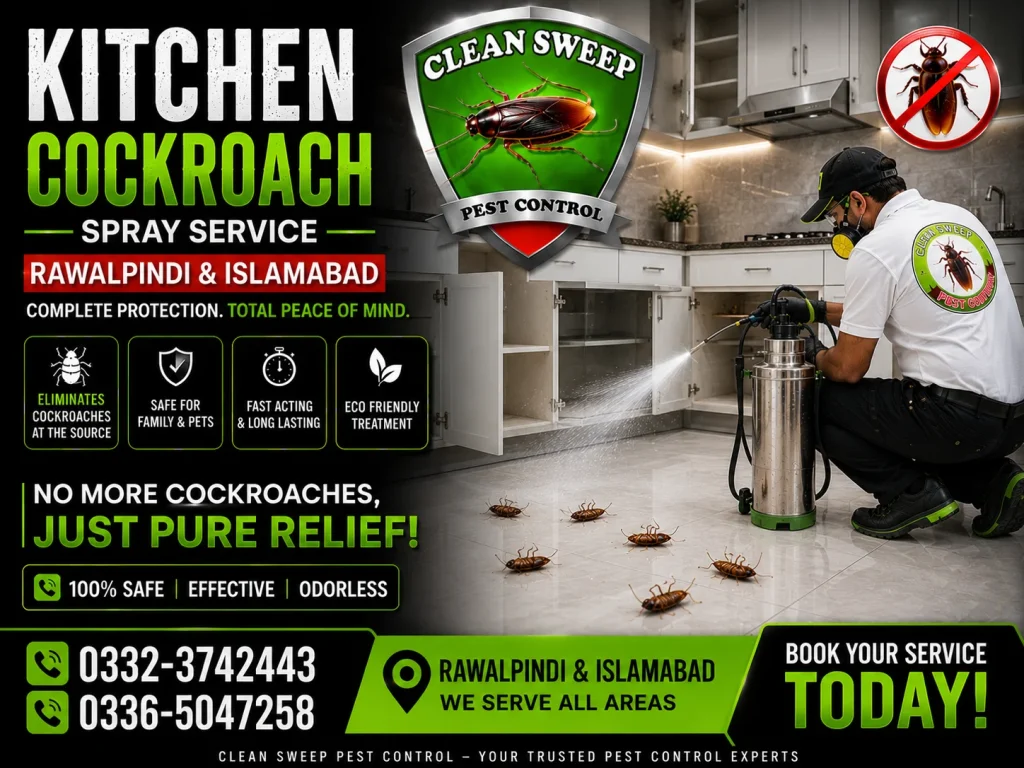 Professional kitchen cockroach spray service in Rawalpindi and Islamabad for homes, restaurants, bakeries, cafés, and food businesses.