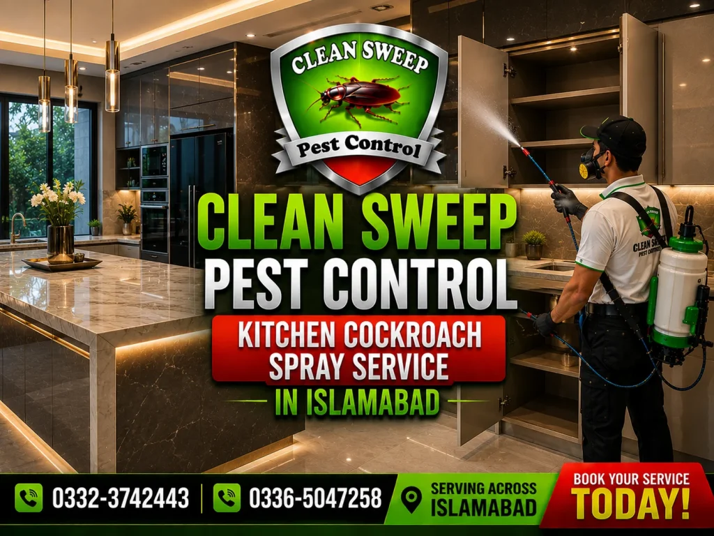 Professional kitchen cockroach spray service in Islamabad being performed by Clean Sweep Pest Control inside a residential kitchen.
