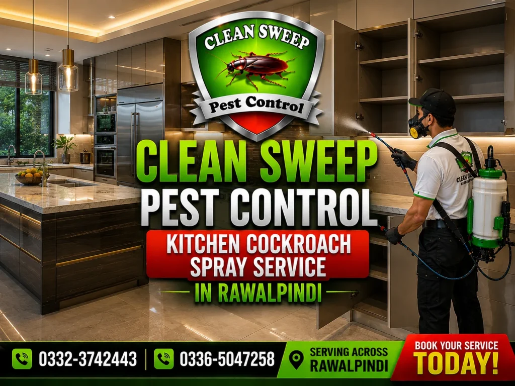 Professional kitchen cockroach spray treatment being applied inside a kitchen in Rawalpindi.