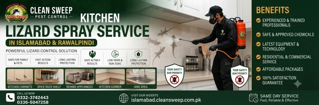 A Clean Sweep Pest Control professional performing a targeted lizard spray service in a kitchen, effectively treating cabinets, appliances, and corners in Islamabad and Rawalpindi.