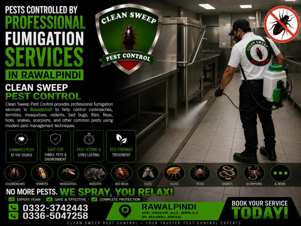 Professional fumigation services in Rawalpindi for cockroaches, termites, mosquitoes, rodents, bed bugs, and other pests.
