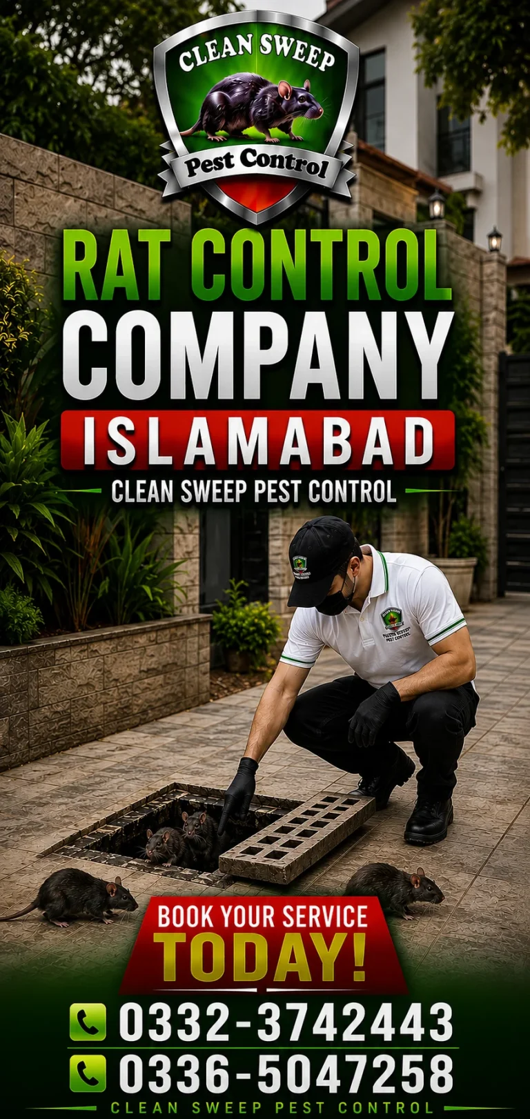 Rodent control company technician conducting a rodent inspection in Islamabad City.