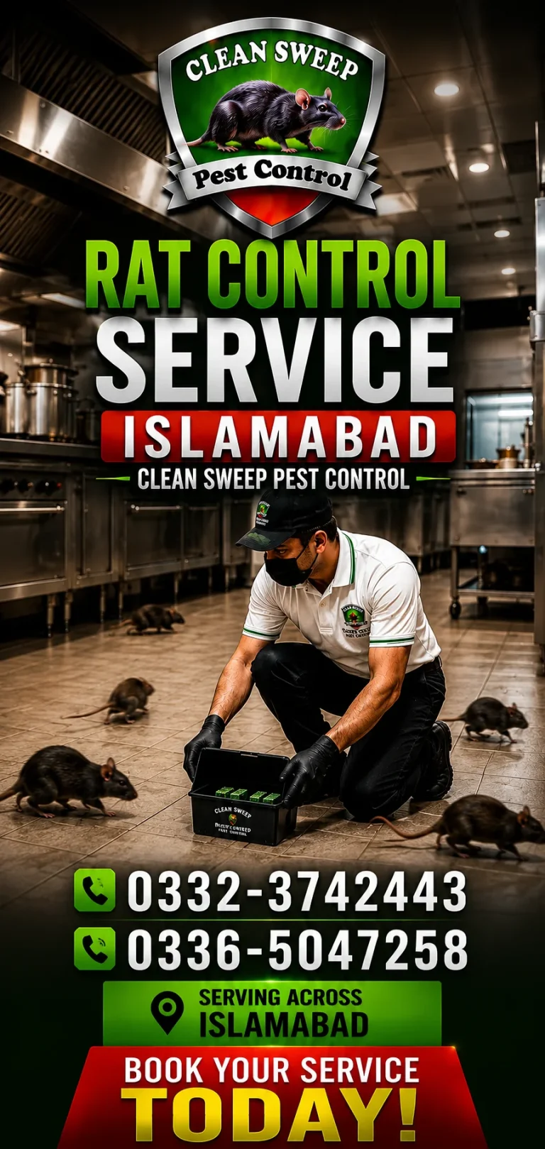 Rat control service specialist applying rodent treatment inside a building in Islamabad City.