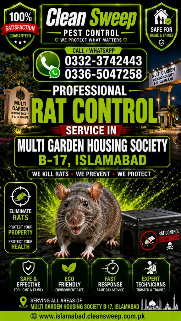 Professional Rat Control Service in Multi Garden Housing Society B-17 Islamabad by Clean Sweep Pest Control