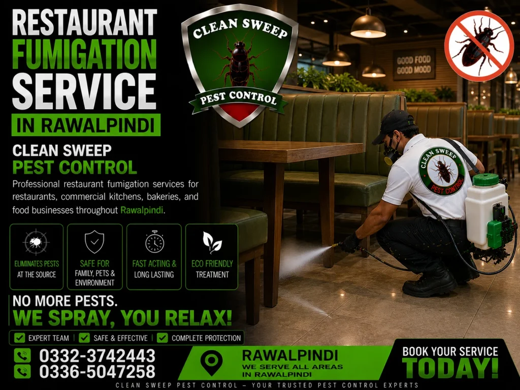 Professional restaurant fumigation services in Rawalpindi for commercial kitchens and food businesses.