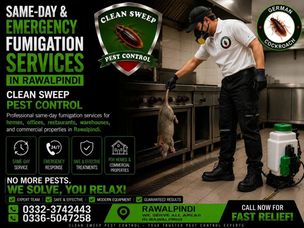 Same-day and emergency fumigation services in Rawalpindi by Clean Sweep Pest Control.