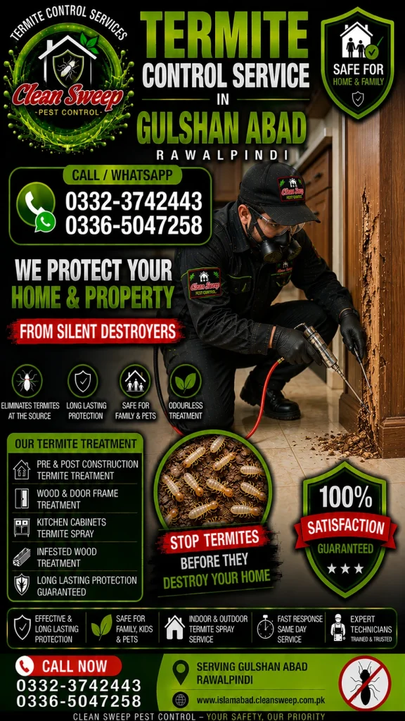Professional Termite Control Service in Gulshan Abad Adyala Road Rawalpindi by Clean Sweep Pest Control