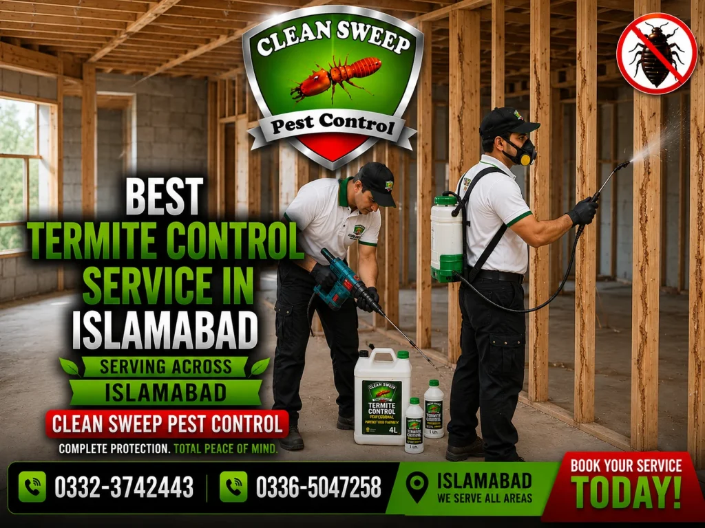 Professional termite control service in Islamabad treating wooden cabinets and wardrobes with visible termite mud tubes.