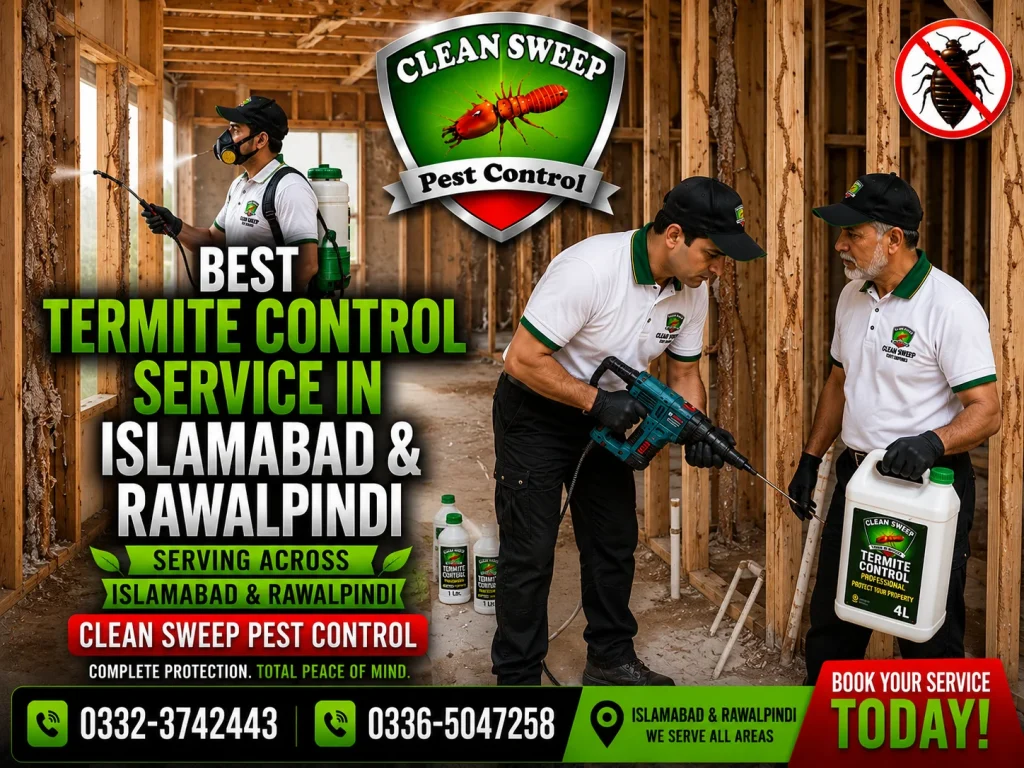 Termite inspection and control service in Islamabad and Rawalpindi showing damaged wooden structures.