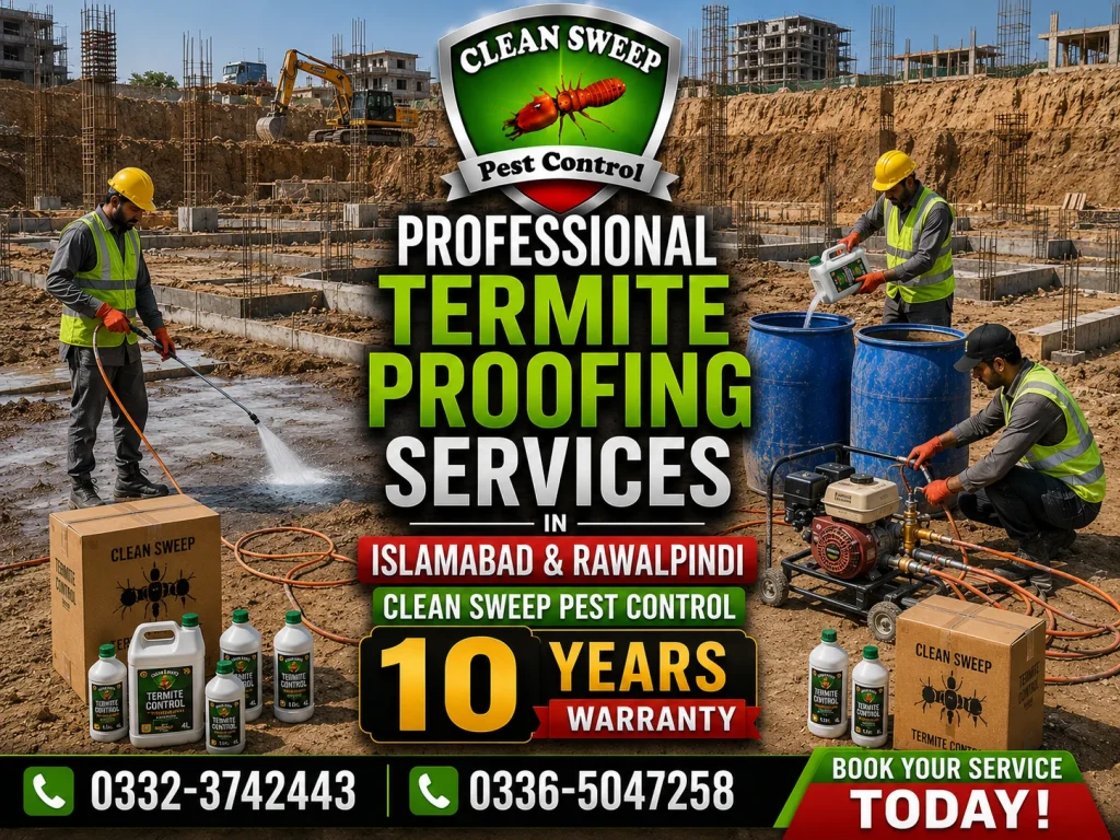 Clean Sweep Pest Control team applying professional termite proofing and chemical barrier treatments in Islamabad and Rawalpindi.