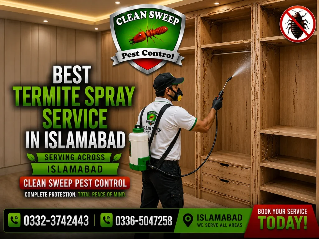 Spray technician applying termite spray treatment inside wooden cabinets in Islamabad home