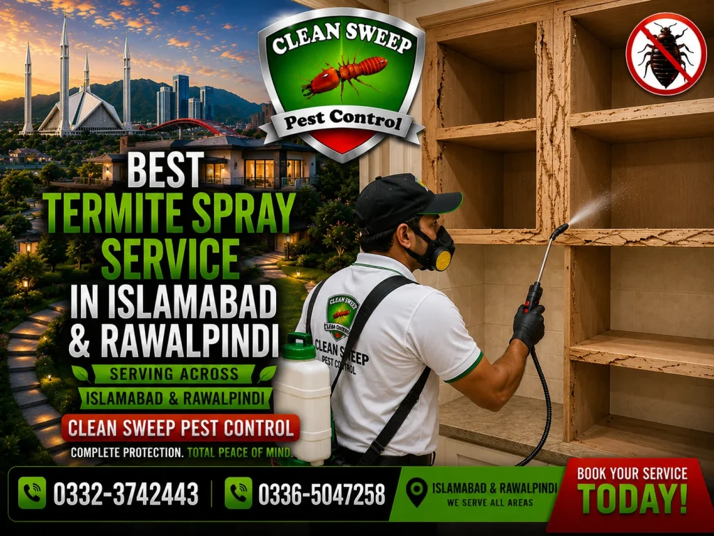 Technician spraying termite treatment in wooden cabinets in Islamabad and Rawalpindi