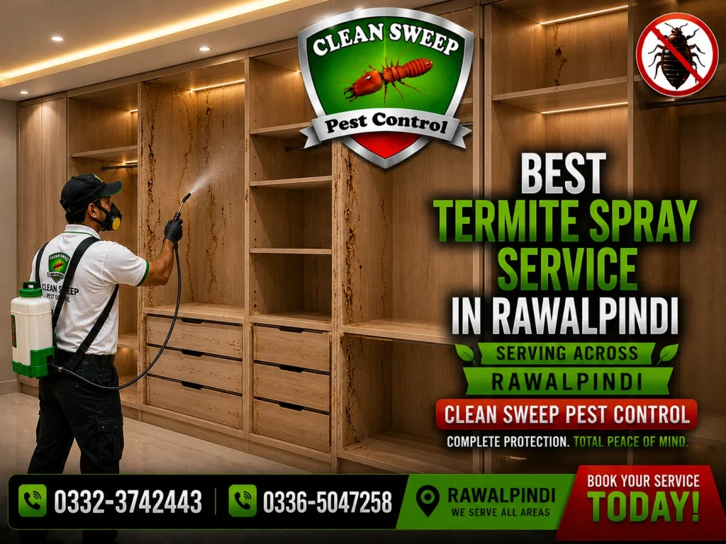 Spray man applying termite chemical treatment inside wooden cabinets in Rawalpindi