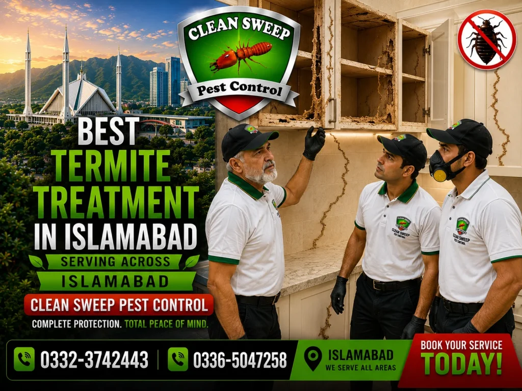 Professional termite treatment service in Islamabad with expert pest control team treating affected wooden areas