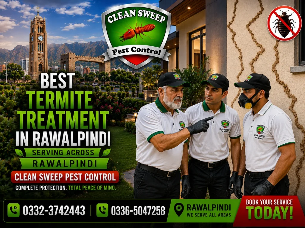 Termite control experts performing treatment in Rawalpindi home targeting infested wooden surfaces