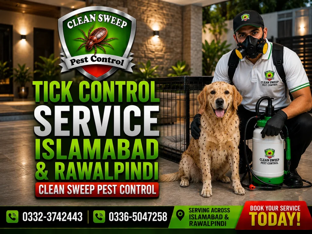 Professional ticks control service in Islamabad and Rawalpindi by Clean Sweep Pest Control technician treating a residential property for tick infestation.