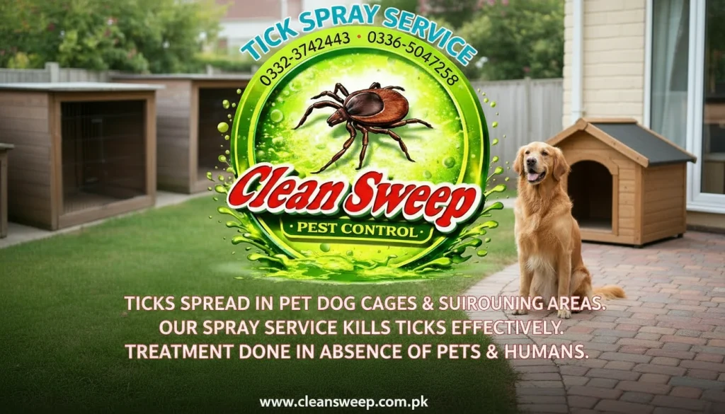 A friendly dog sitting near a kennel, representing the tick control and prevention services provided by Clean Sweep Pest Control in Islamabad.