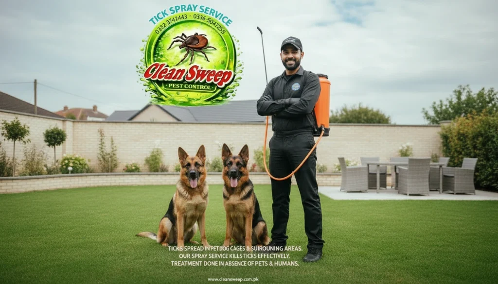 A Clean Sweep Pest Control technician standing with two German Shepherd dogs in a backyard, representing professional tick control services in Islamabad.