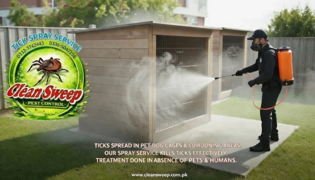 A Clean Sweep Pest Control technician wearing safety gear and spraying a pet dog cage to eliminate ticks in a residential area.
