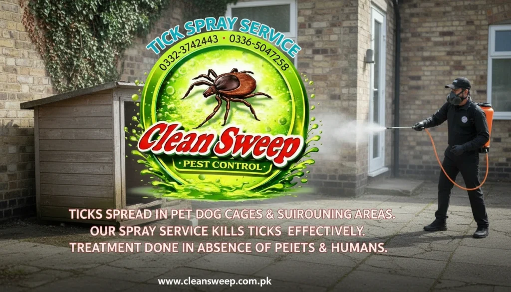 A Clean Sweep Pest Control technician applying specialized tick spray to pet dog areas and surroundings in a residential outdoor space.