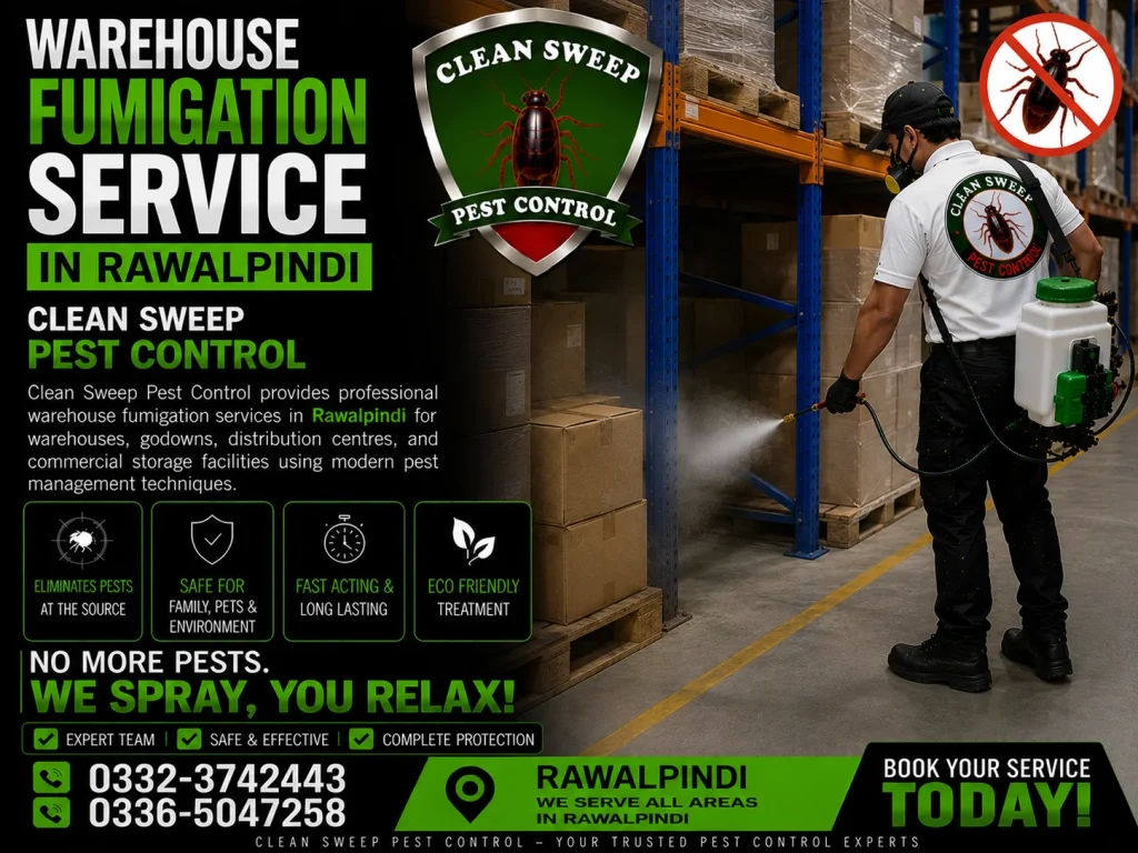 Professional warehouse fumigation services in Rawalpindi for commercial and industrial storage facilities.