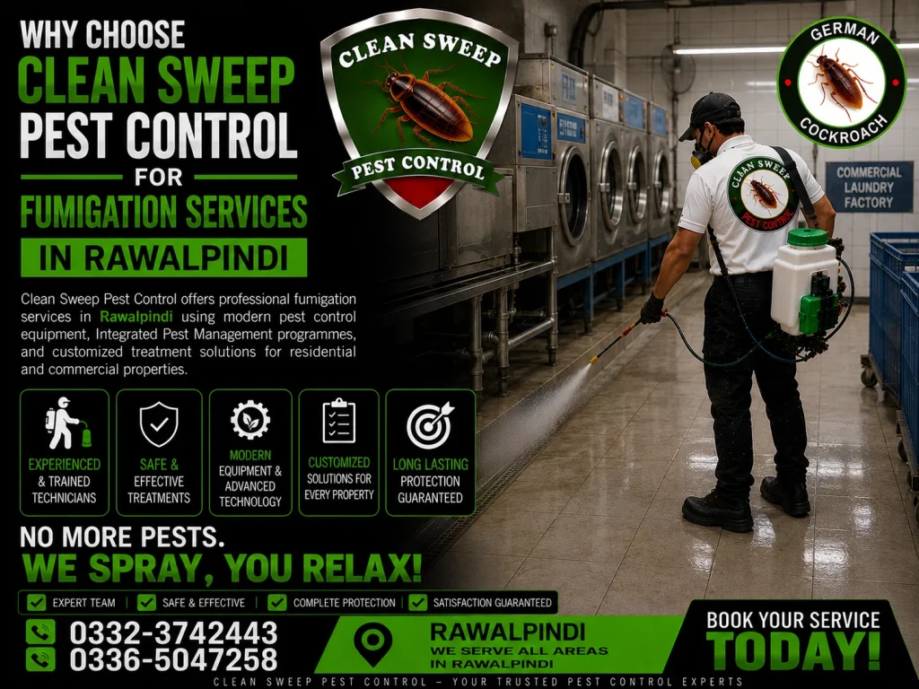 Professional fumigation services in Rawalpindi by Clean Sweep Pest Control using modern pest management techniques.