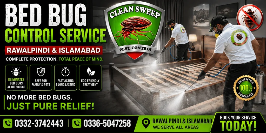 Clean Sweep Pest Control technicians providing professional Bed Bug Control Service in Islamabad and Rawalpindi, eliminating bed bugs (Khatmal) from homes, apartments, hotels, hostels, offices and commercial properties using safe and effective pest control treatments.