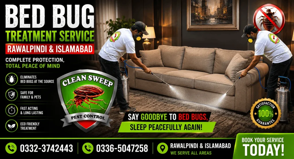 Clean Sweep Pest Control technicians providing professional Bed Bug Fumigation Service in Islamabad and Rawalpindi to eliminate bed bugs (Khatmal) from homes, apartments, hotels, hostels, offices and commercial properties using professional pest management methods.