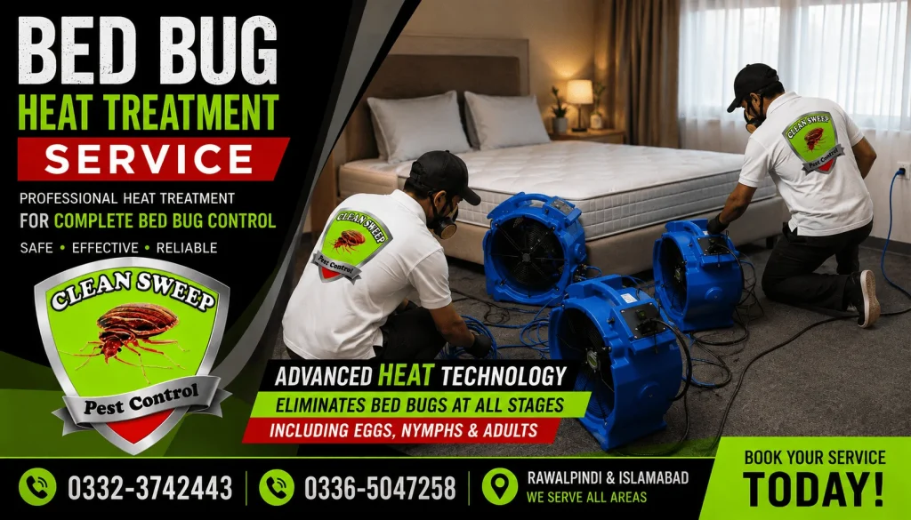 Clean Sweep Pest Control technicians providing professional Bed Bug Heat Treatment Service in Islamabad and Rawalpindi using commercial heat treatment equipment to eliminate bed bugs (Khatmal), eggs and nymphs from homes, hotels, apartments and commercial properties.