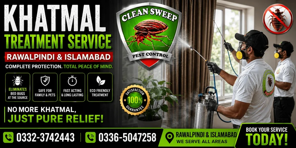 Clean Sweep Pest Control technicians providing professional Bed Bug (Khatmal) Treatment Service in Islamabad and Rawalpindi using advanced heat treatment, chemical treatment, steam treatment and integrated pest management for complete bed bug elimination.