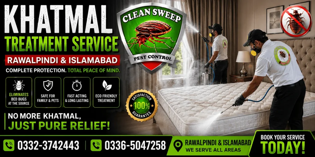 Clean Sweep Pest Control technicians providing professional Bed Bug Pest Control Service in Islamabad and Rawalpindi, eliminating bed bugs (Khatmal) from homes, apartments, hotels, hostels, offices and commercial properties using advanced pest management solutions.
